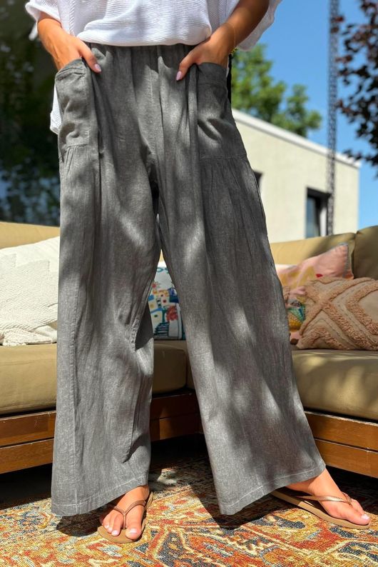 Rustic Nature Linen Blend Pocket Pleat Wide Leg Washed Charcoal